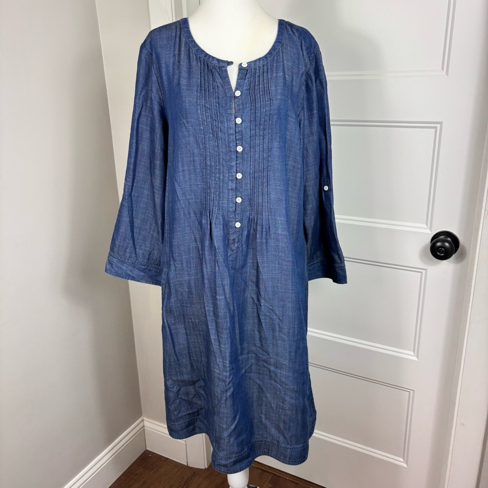Talbots Blue Button-Front Cotton Tunic Dress